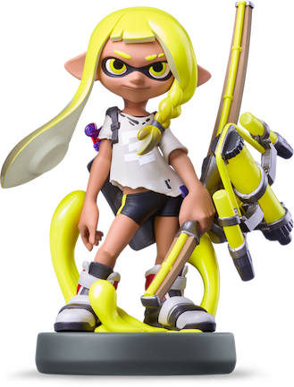 Amiibo figure of a yellow Inkling girl with a Stringer-style weapon