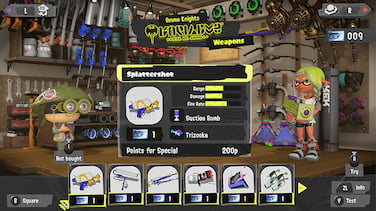 Screenshot of an Inkling shopping for weapons at Ammo Knights.