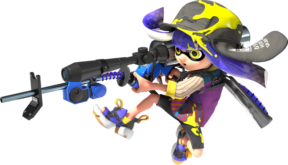A blue-haired Inkling readies their scoped Charger weapon.