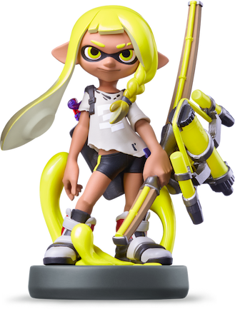 Figura Amiibo de uma Inkling girl amarela com uma arma estilo Stringer