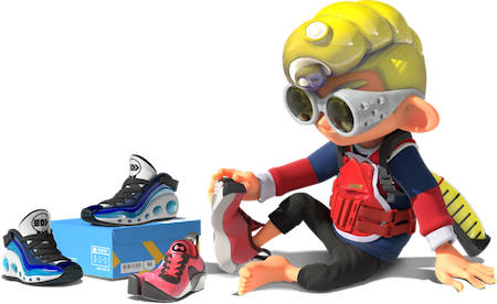 A yellow-haired Octoling tries on a variety of footwear.