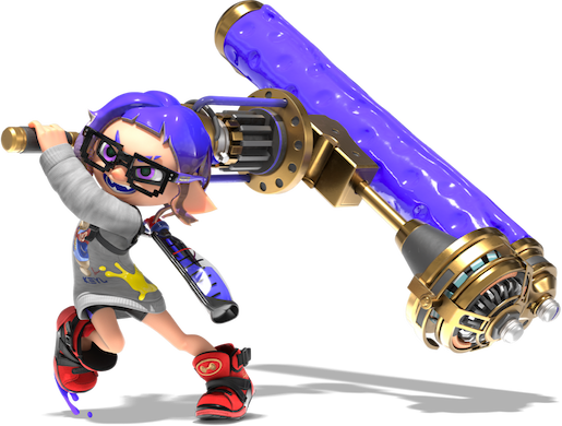 Image of a blue Octoling looking to splat an Inkling with a Roller weapon.