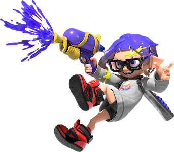 A blue Inkling in humanoid form does a sweet backward jump.