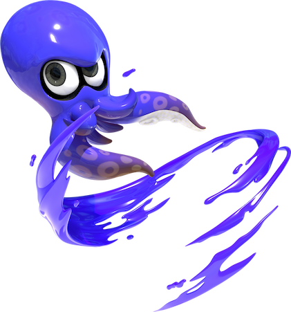 Un octoling azul cambia de forma para nadar a la acción.