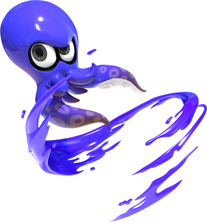 Um Octoling azul nada em ação.