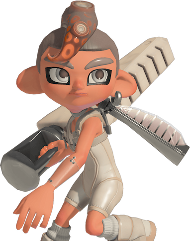 Boy version of Agent 8 in their pale Spire of Order outfit holding a pale Splatana Stamper weapon.