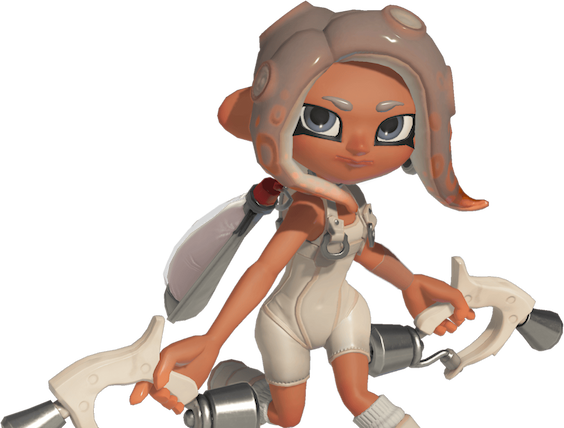 Girl version of Agent 8 in their pale Spire of Order outfit holding a pair of pale Dualie weapons.