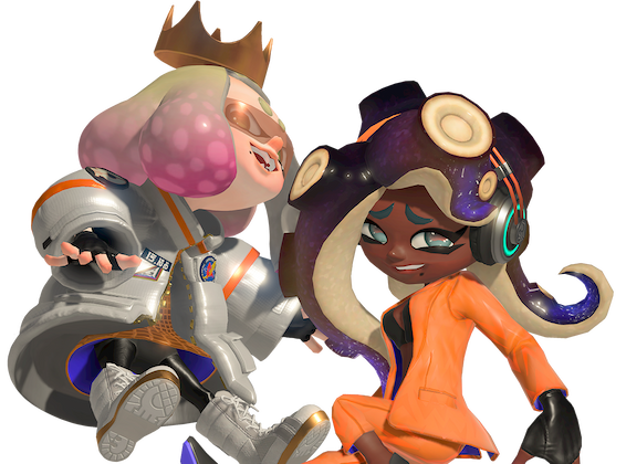 Marina usa um lindo terninho laranja com elegantes saltos azuis, e Pearl usa uma roupa branca inspirada em um traje espacial.