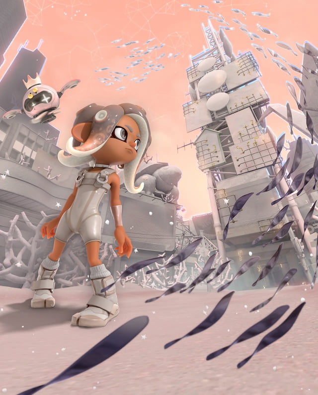 Agent 8 stands in the center of a bleached Inkopolis Square, with the Pearl drone above and the Spire of Order looming behind her.