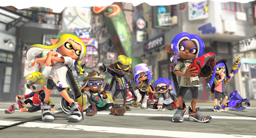 A group of stylish Inklings and Octolings hang out in the Main Square of Splatsville.