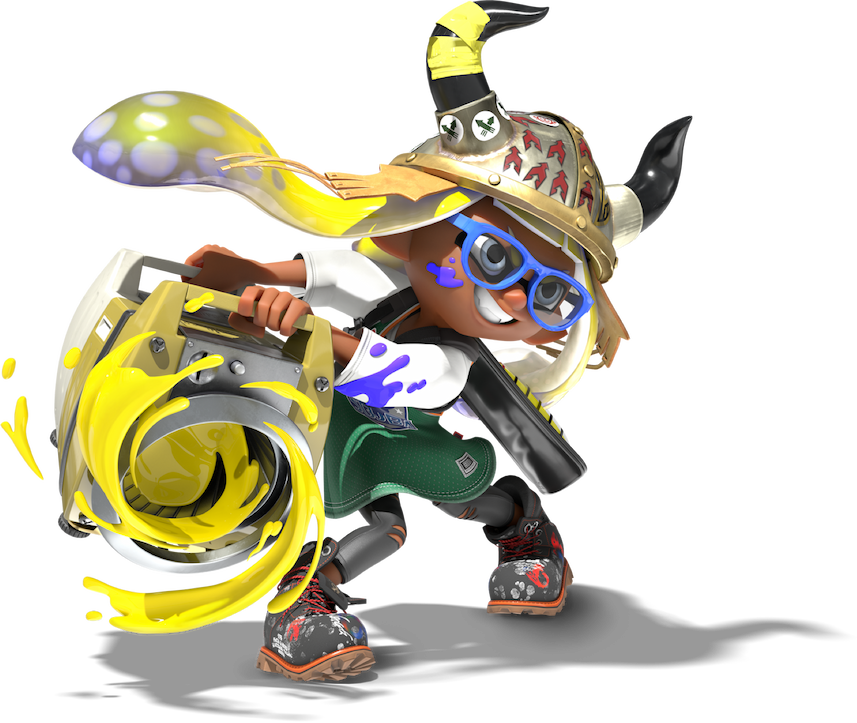 A yellow-haired Inkling gets ready to slosh their bucket-like weapon.