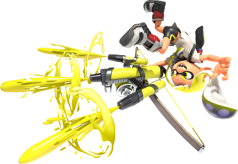 A yellow-haired Inkling girl does a sweet flip while blasting three ink jets from their bow-like Stringer weapon.