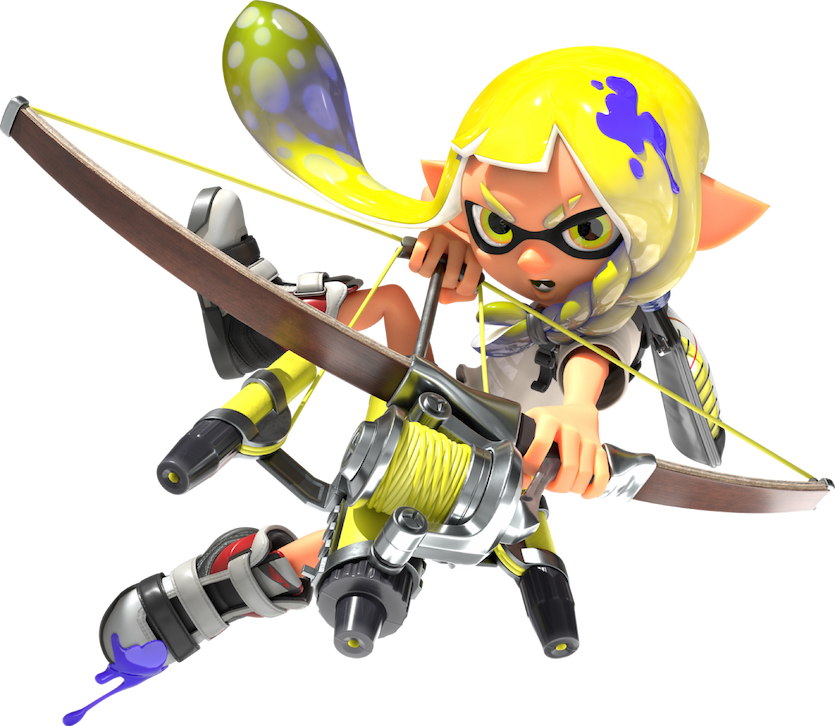 A yellow-haired Inkling girl jumps and aims her Stringer weapon, similar to a bow.