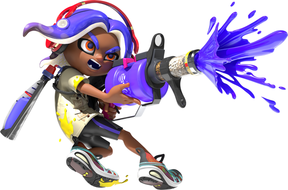 A blue-haired Octoling boy fires a large splash of Ink in the middle of battle.
