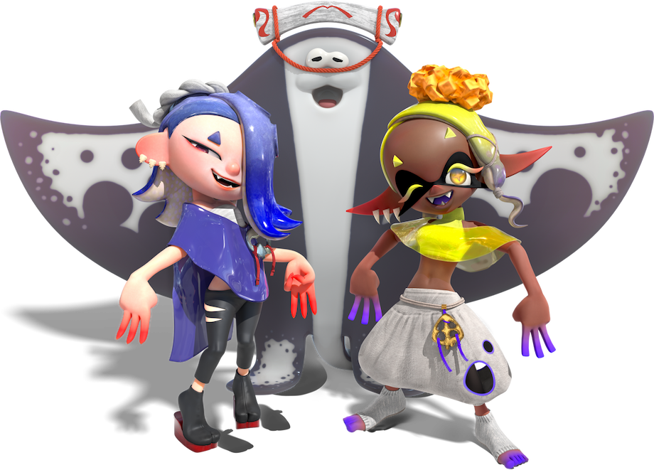 Blue-haired Octoling Shiver, yellow-haired Inkling Frye, and manta ray Big Man hold their signature pose: three fingers on each hand pointing down.
