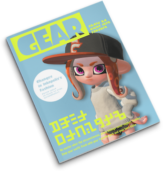 A stylish Inkling with orange features poses on the cover of Gear Magazine