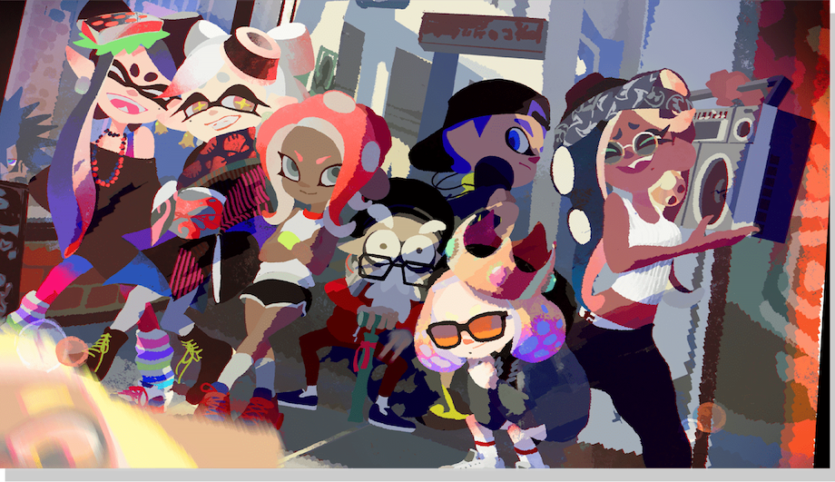 Pearl, Marina, Callie, Marina, Cap'n Cuttlefish, Agent 8, and an Inkling stand together in hip streetwear.