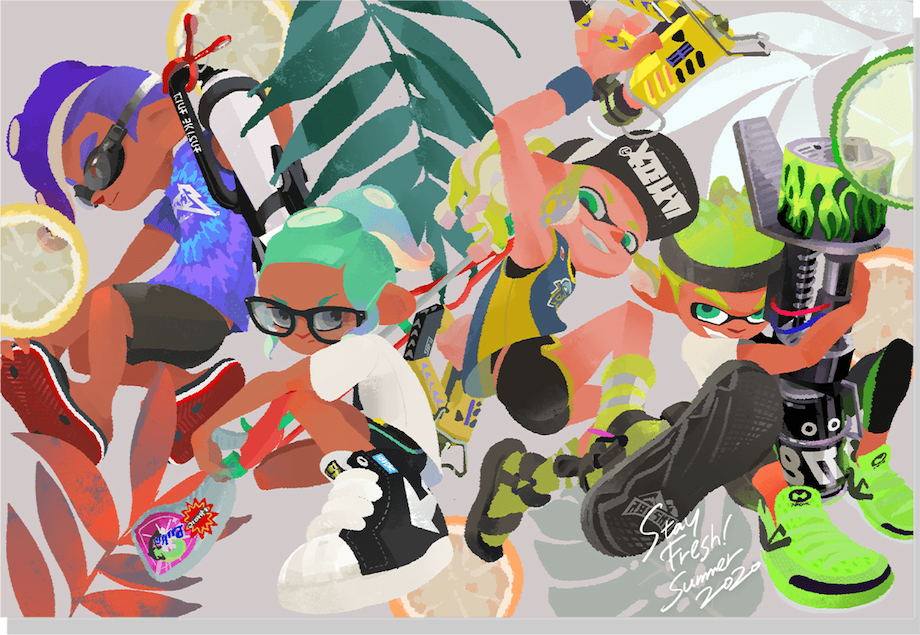 Four Inklings and Octolings pose with their weapons in summer attire.