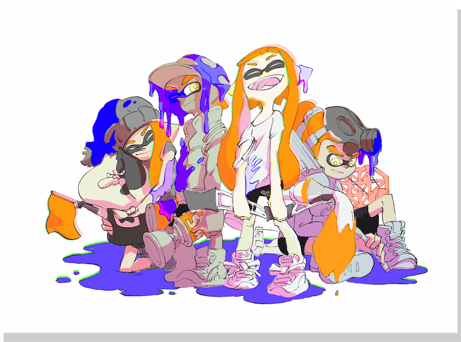 A team of four Inklings on the Orange team stand victoriously after a Turf War battle with a Blue team. Judd holds up an Orange flag.