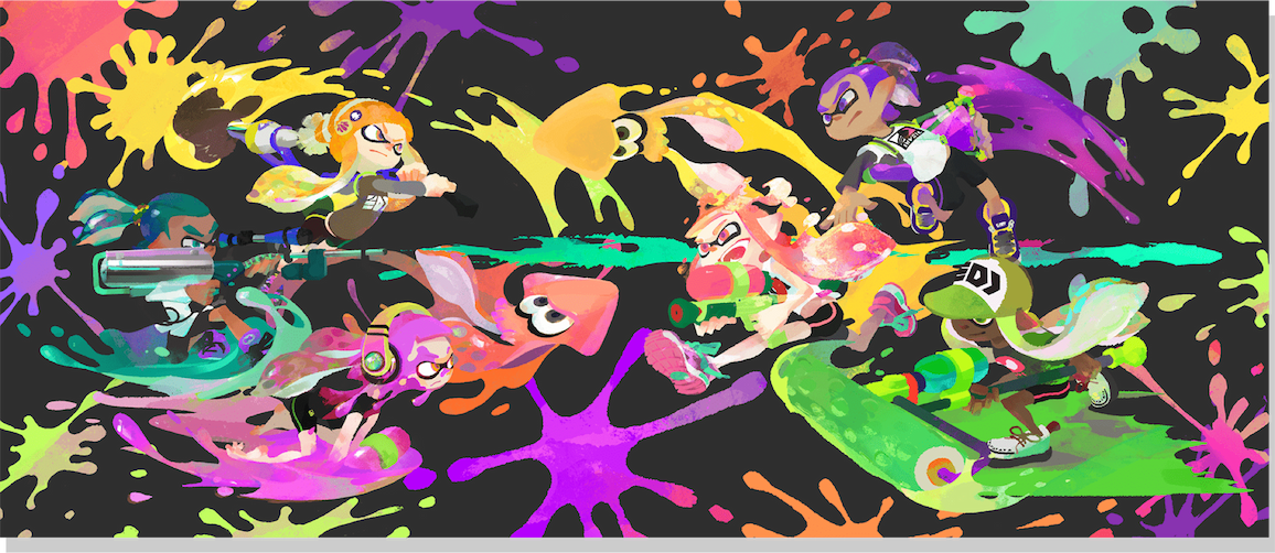 Opposing teams of four clash head to head in a rainbow-splattered watercolor image.