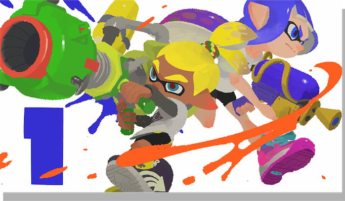 In this artwork celebrating one day until the release of Splatoon 3, two Inklings are shown in battle with an Inkzooka and a Splattershot.