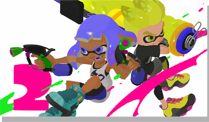 In this artwork celebrating two days until the release of Splatoon 3, two Inklings battle it out with a Roller and a set of Dualies.