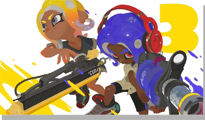 In this artwork celebrating three days until the release of Splatoon 3, two Octolings leap forward into battle, one wielding a Splatana Wiper and one a .52 Gal.
