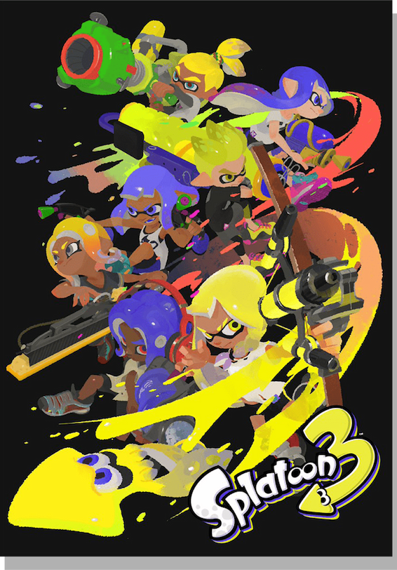 In this artwork celebrating the release of Splatoon 3, eight Inklings and Octolings wield weapons featured in the previous days' artwork.