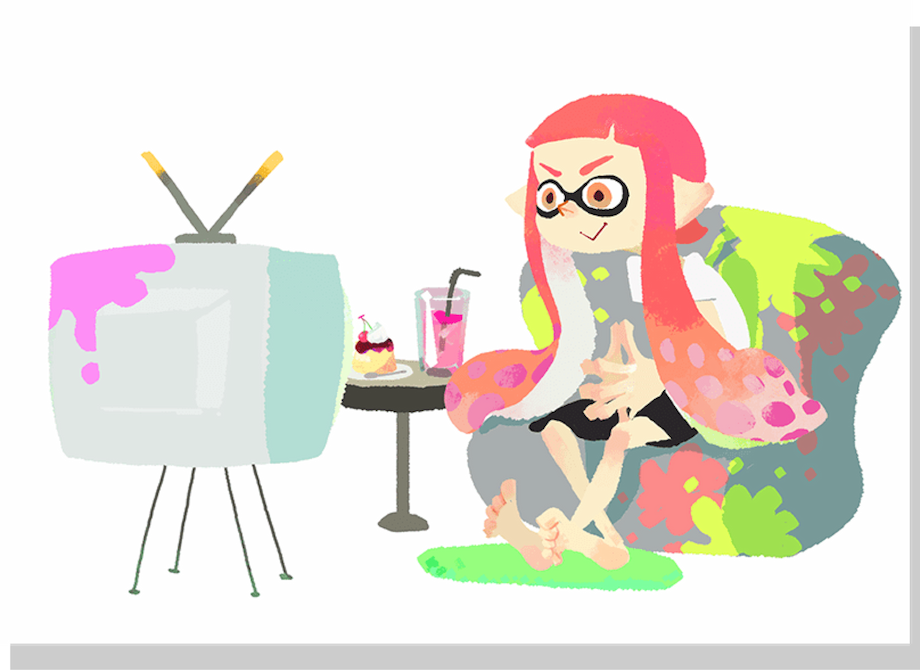A barefoot Inkling sits eagerly on a comfy chair in front of a TV. Next to them is a snack and a drink. Their furniture is splattered with colorful ink.