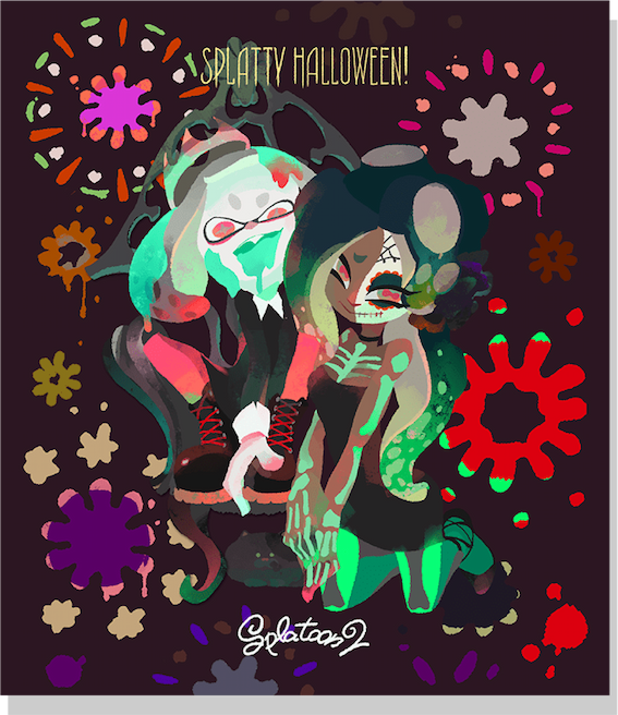 Pearl and Marina pose in costumed makeup. Pearl poses creepily with goo oozing out of her mouth. Marina poses sweetly with glowing skeleton makeup on her skin.