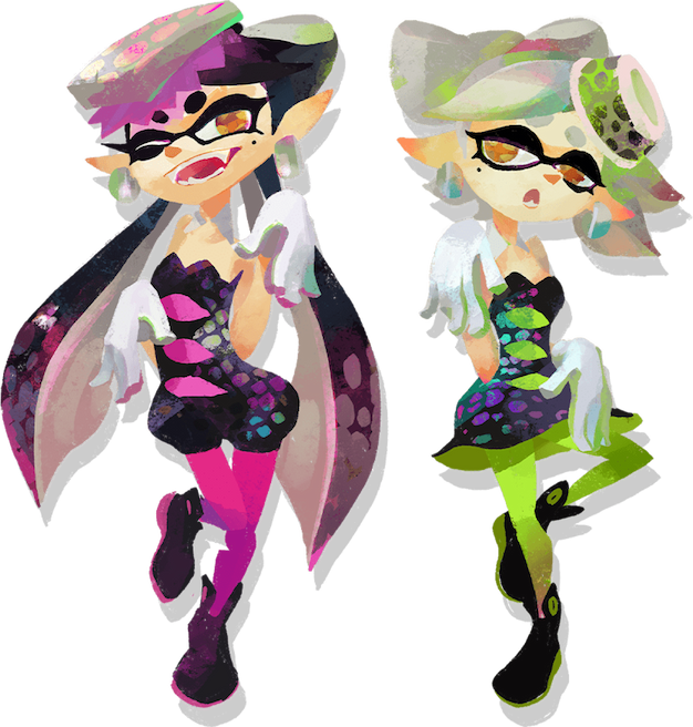 Callie and Marie do their signature pose: standing on one foot with their wrists relaxed.