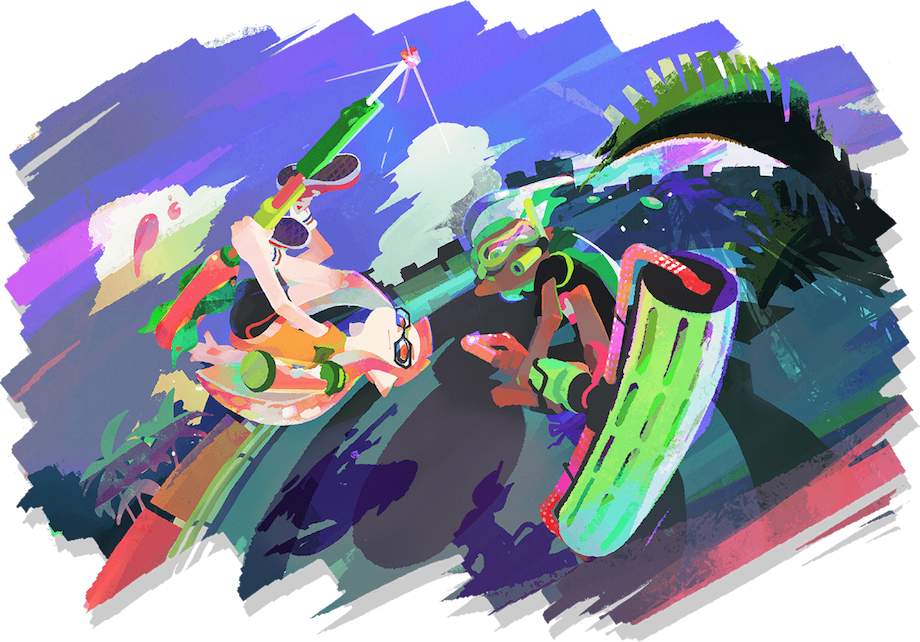 Two Inklings pose with their weapons in an outdoor setting. The image is painted with a fisheye lens-style perspective.