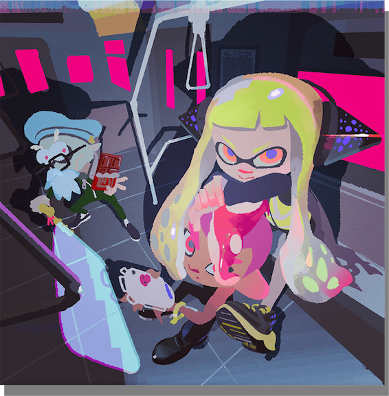 Agent 4, a boy Octoling, and Cap'n Cuttlefish sit on the inside of the Deep Sea Metro train. Agent 4 rests her head and arms on top of the boy Octoling's head sitting on the floor in front of her.