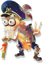Cap'n Cuttlefish is an older Inkling with a white beard, bushy eyebrows, and a military-style cap depicted in a watercolor style.
