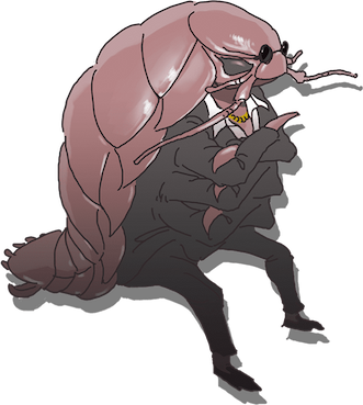 Iso Padre is a giant isopod-like creature wearing a suit and sunglasses.