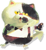 Judd is a cat-like creature with a white coat featuring distinct black markings, including a bowtie design, seen here in a watercolor design.