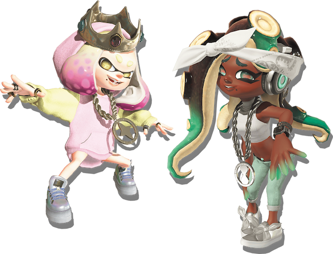 Pearl wears an oversized sweater, an oversized chain necklace, and her signature crown. Marina wears a white tanktop and has a white bandana tied around her head.