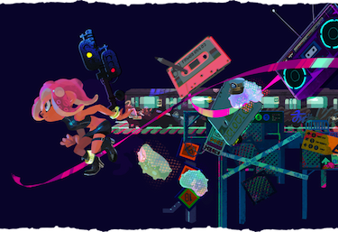 Agent 8 moves forward with a collage of Octo Expansion imagery behind her, including the Deep Sea Metro train, a boombox, and a cassette tape.