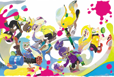 Two teams of three Inklings battle it out with Turf War weapons.