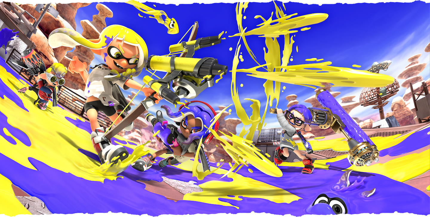 Key art from Splatoon 3 shows a yellow team and blue team locked in Turf War combat.