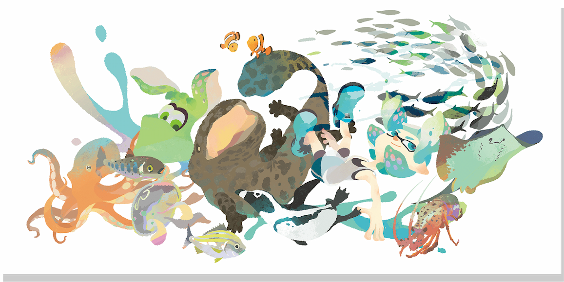 An Inkling girl, an Inkling in swim form, and a school of other sea creatures float in this easy-breezy artwork promoting a Splatoon 2 special event held at the Kyoto Aquarium in 2017.