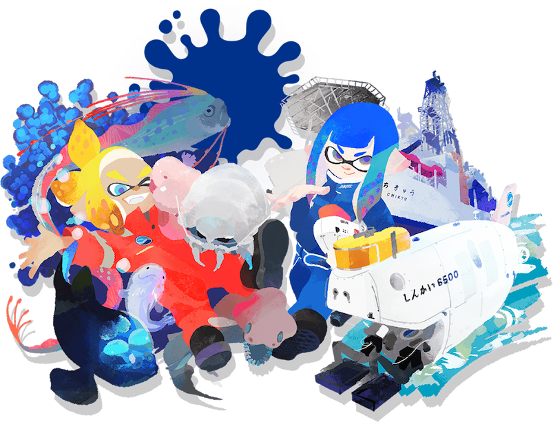 Two Inklings wear aquatic research outfits. One is surrounded by friendly ocean life. The other is surrounded by oceanic research equipment. This artwork promotes a 2018 collaboration between Splatoon 2 and the Japan Agency for Marine-Earth Science and Technology.