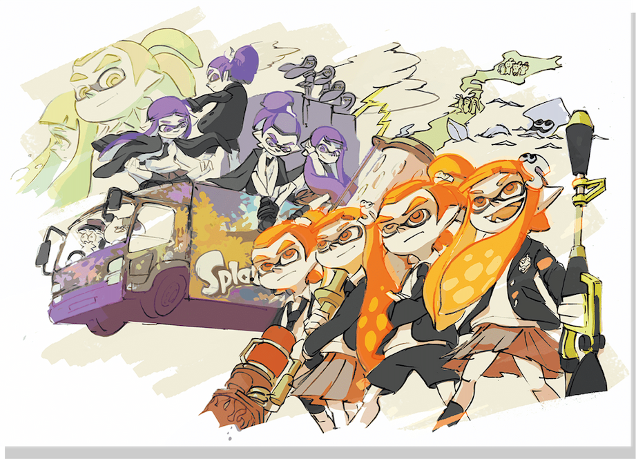 Two teams of orange and purple Inklings look forward, ready for battle while wearing clothing that looks like school uniforms. The purple team rides the top of a truck decorated in colorful ink splatter and the Splatoon logo.