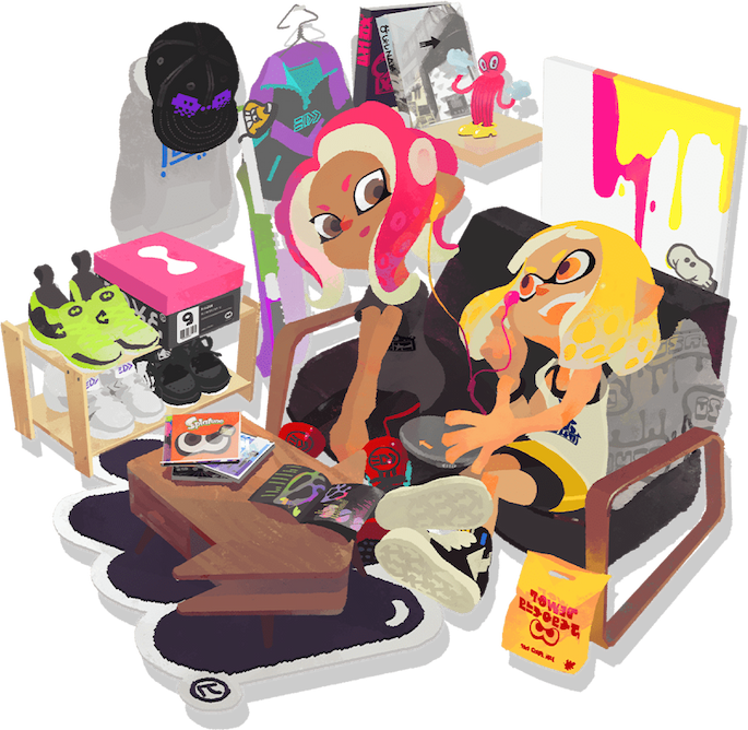 A girl Agent 8 and girl Inkling laugh and smile as they sit on a couch listening to the Splatoon soundtrack CD. The two are surrounded by clothing and artwork from the games.