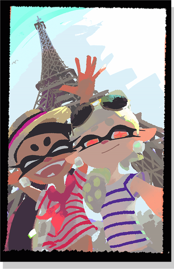 Callie and Marie smile and pose for a selfie in front of the Eiffel Tour. Both are wearing outfits inspired by French fashion.