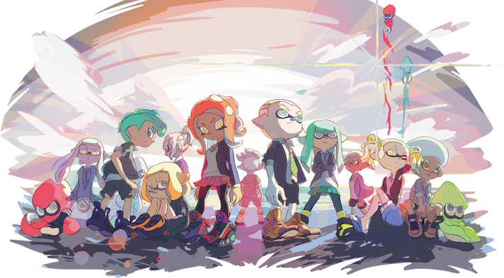 Watercolor illustartion of a group of Inklings and Octolings. All of their formal outfits feature blazers and ties, reminiscent of school uniforms.