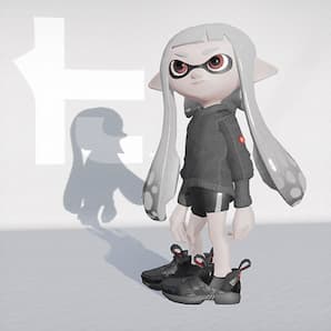 An Inkling model poses with monochrome Toni Kensa gear