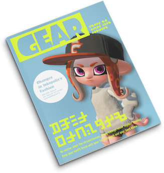 A stylish Inkling with orange features poses on the cover of Gear Magazine