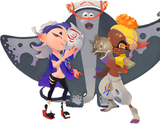 Shiver is a light-skinned Octoling with blue hair, a blue outfit, and red fingertips. Frye is a dark-skinned Inkling with yellow hair, a yellow and white outfit, and blue fingertips. Big Man is a large manta ray that's bigger than both Shiver and Frye combined.