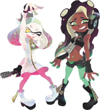 Pearl is a light-skinned Inkling with a pink and white pearlescent color hue. She wears a gold crown on her head and carries a microphone. Marina is a dark-skinned Octoling with a green and black outfit. She has a pair of headphones on her head.